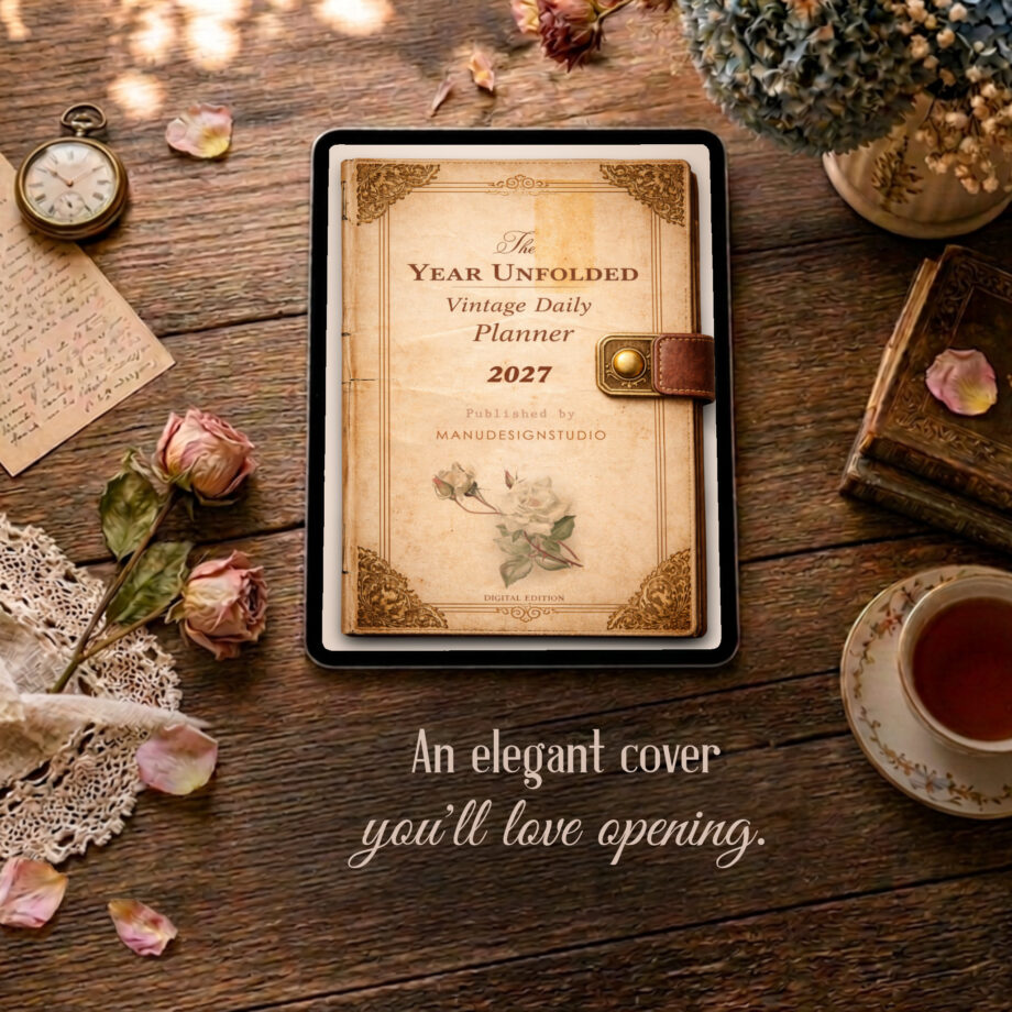 2027 digital daily planner with twelve vintage monthly illustrations from January to December, showing the beautiful aesthetic cover