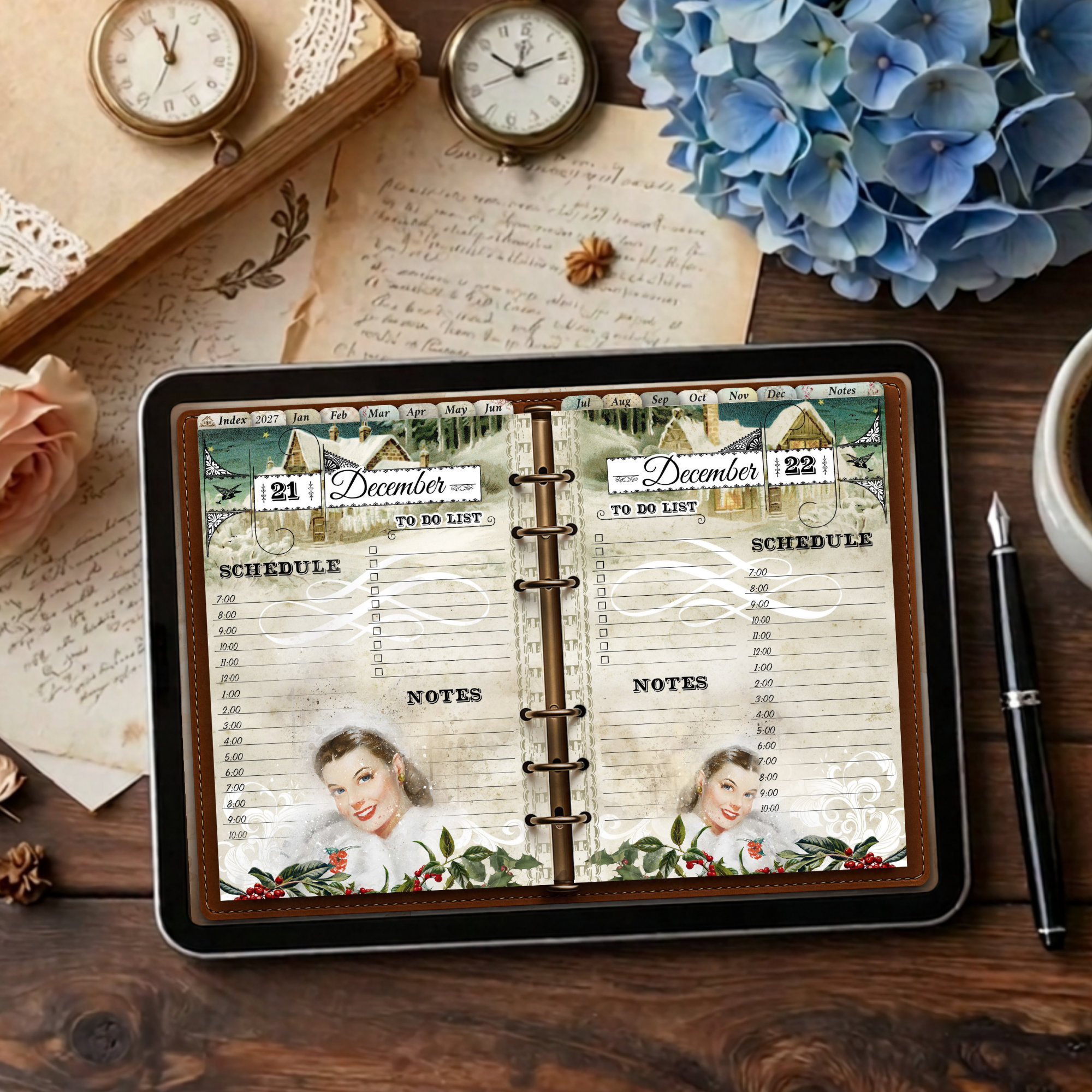 2027 digital daily planner with twelve vintage monthly illustrations from January to December, showing December spread of 2 days side by side.