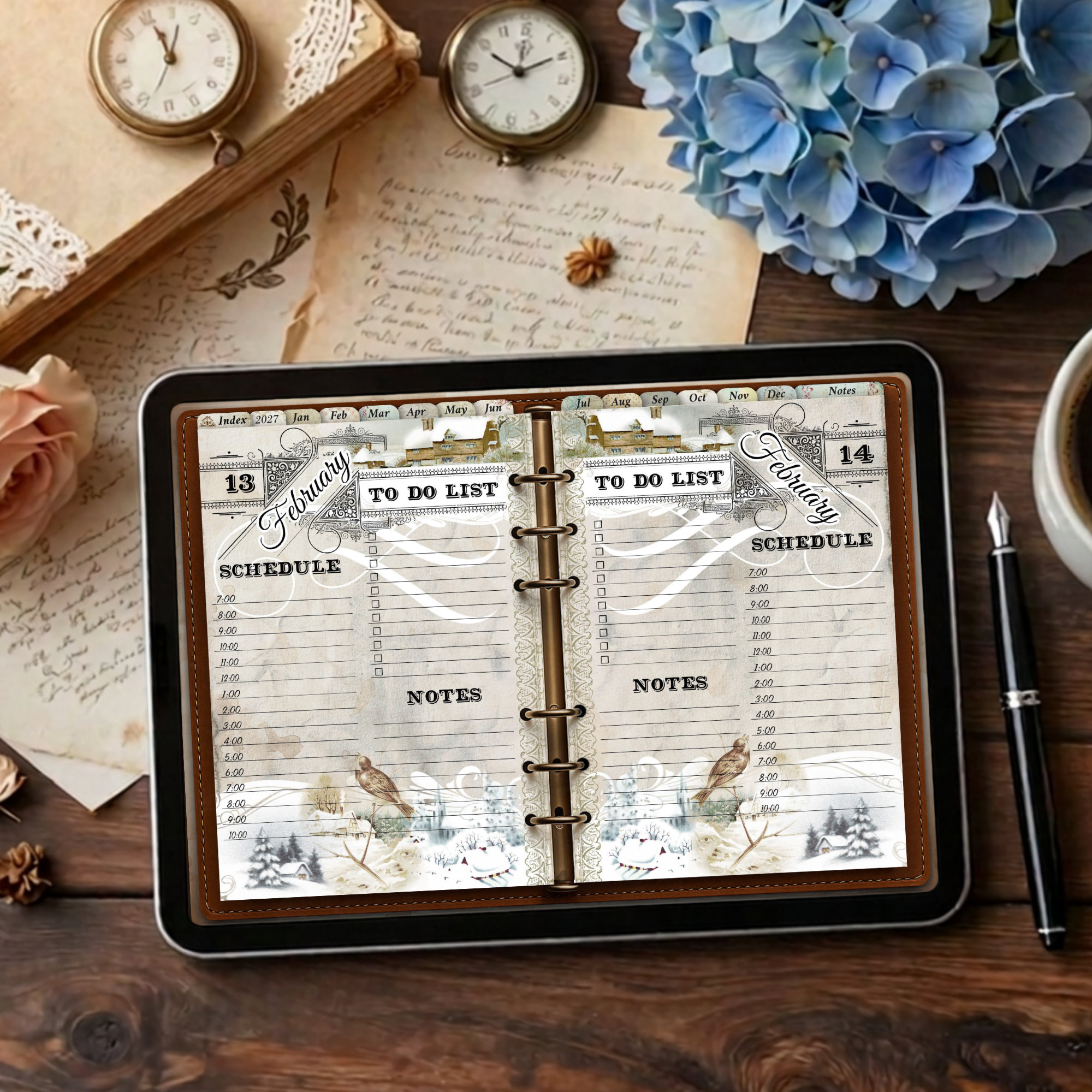 2027 digital daily planner with twelve vintage monthly illustrations from January to December, showing February spread of 2 days side by side.