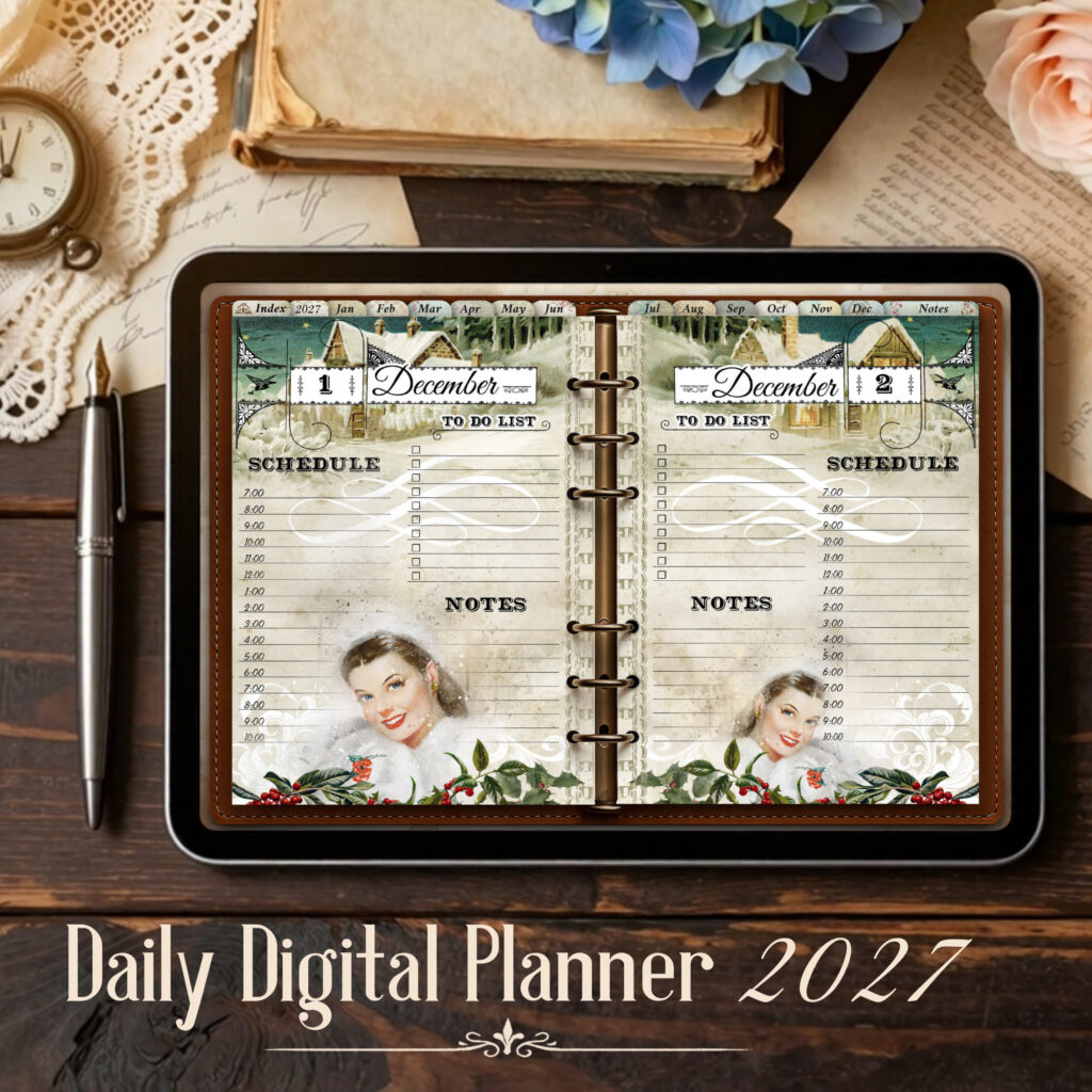 2027 digital daily planner for iPad in a vintage ring binder with two daily pages, showing the December,1 on the left and December, 2 on the right.