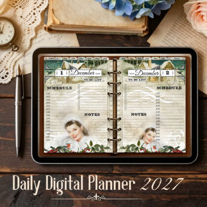 2027 digital daily planner for iPad in a vintage ring binder with two daily pages, showing the December,1 on the left and December, 2 on the right.