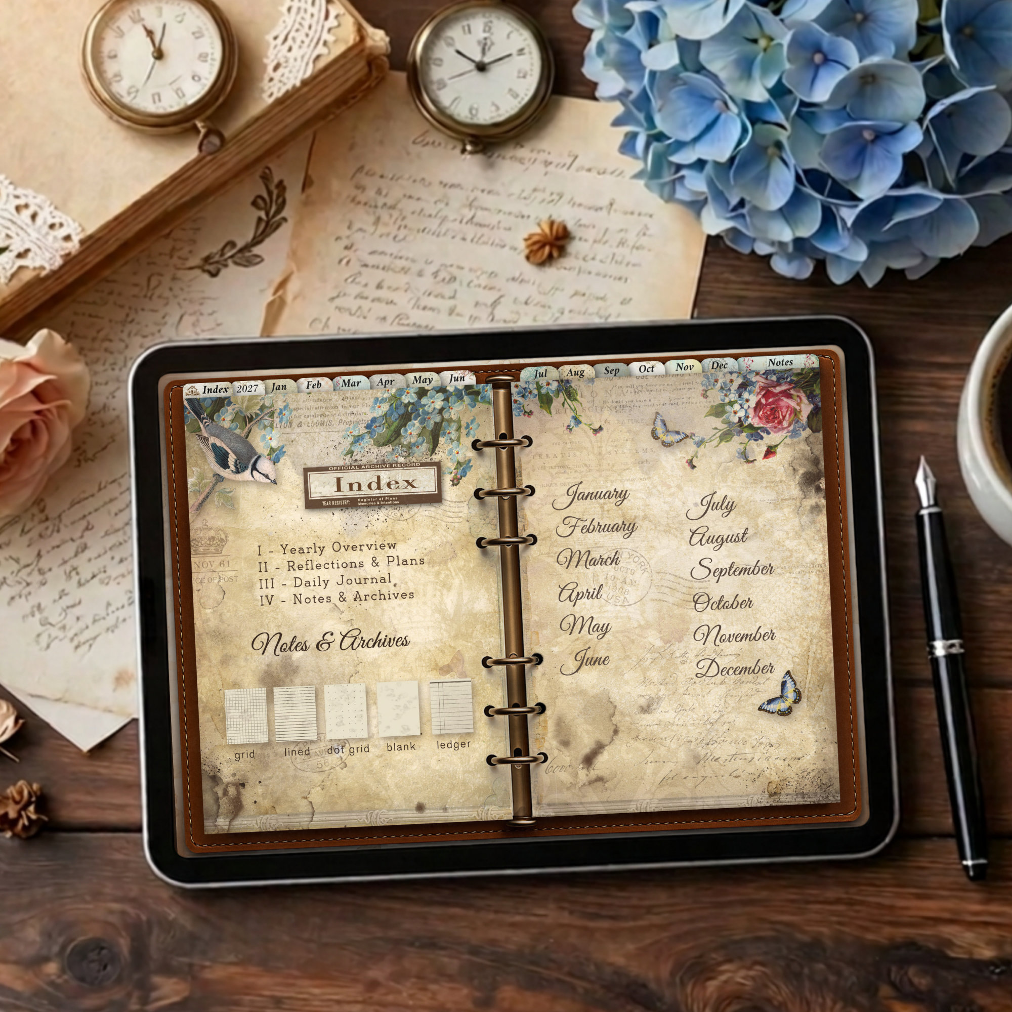 2027 digital daily planner with twelve vintage monthly illustrations from January to December, showing 2 hyperlinked index pages spread.