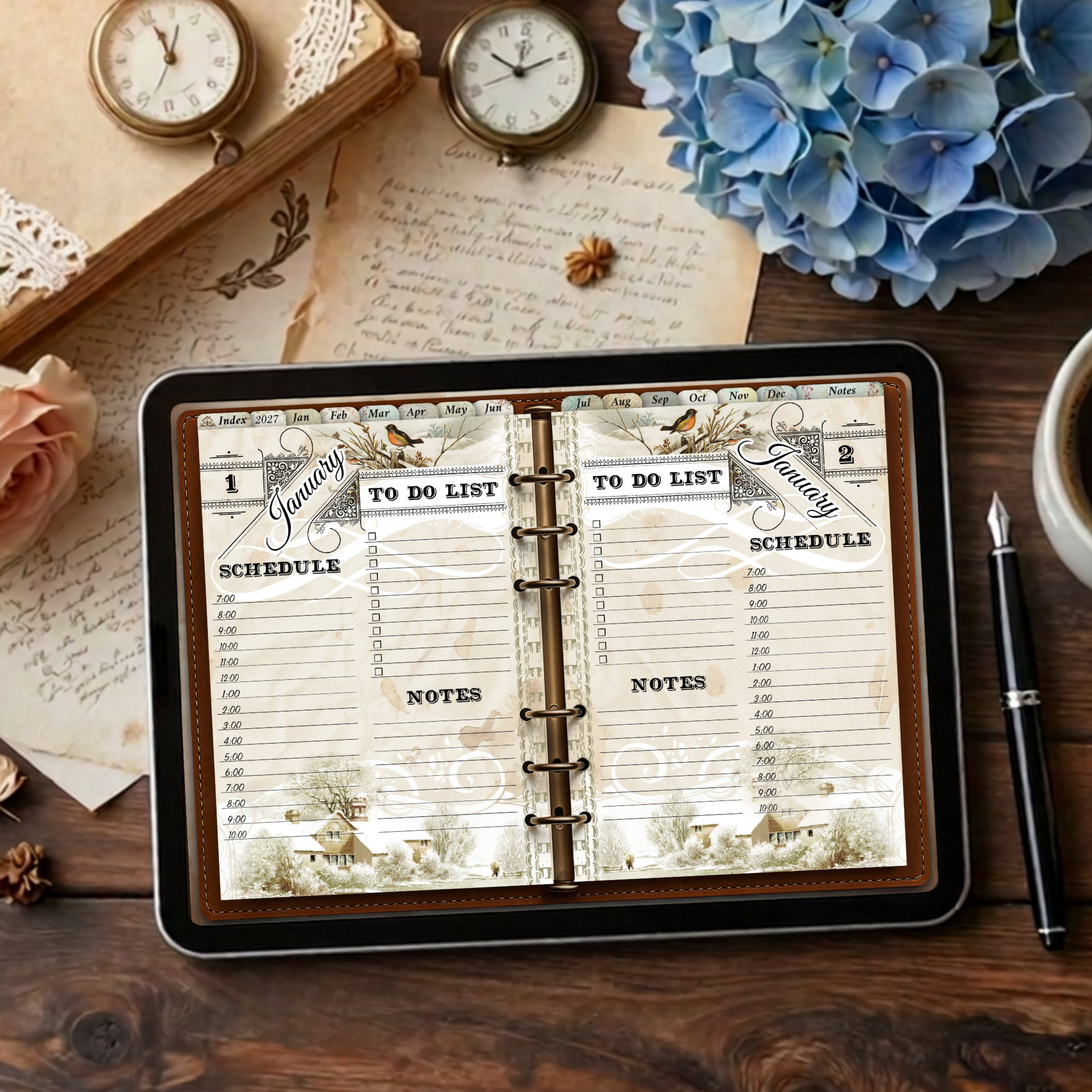 2027 digital daily planner with twelve vintage monthly illustrations from January to December, showing January spread of 2 days side by side.