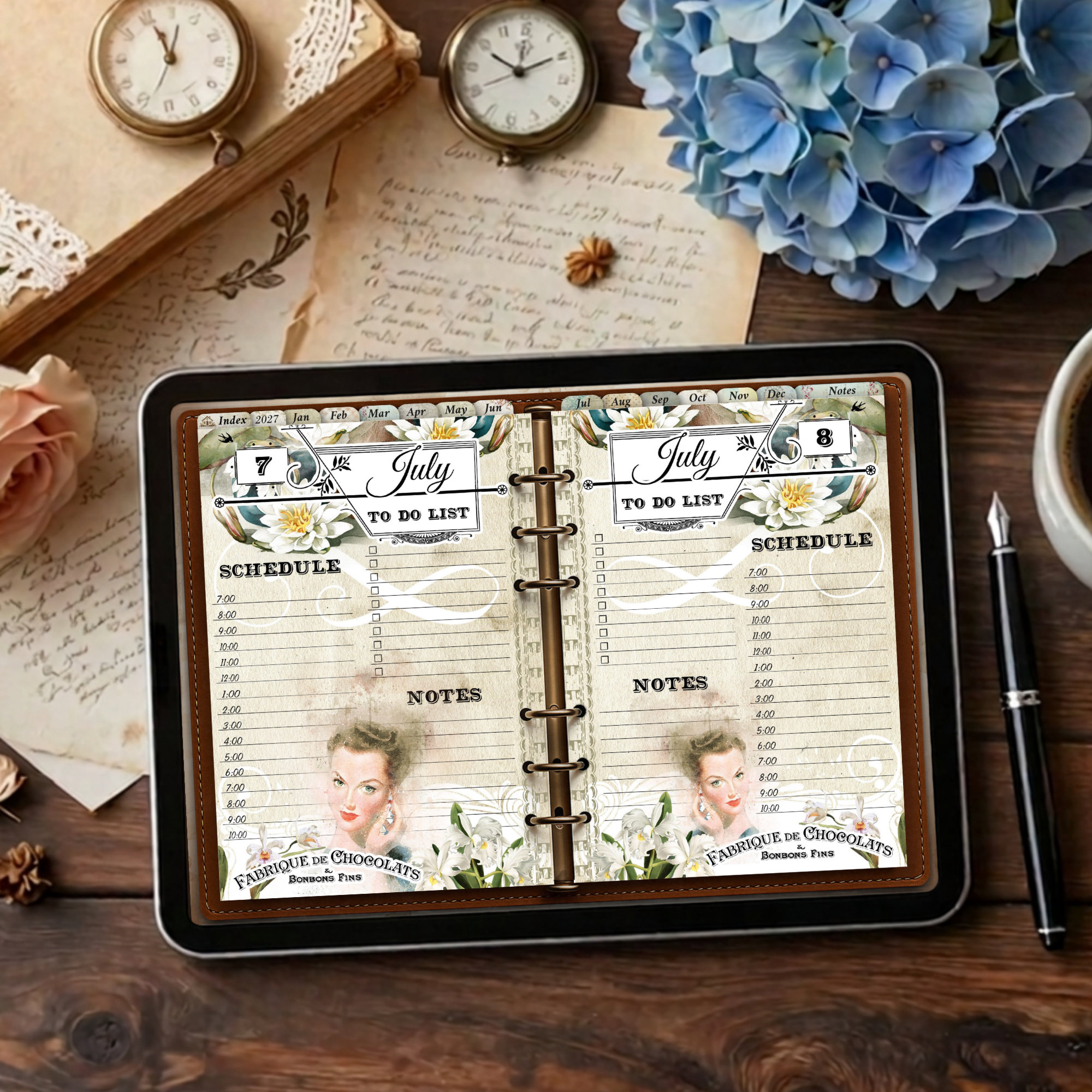 2027 digital daily planner with twelve vintage monthly illustrations from January to December, showing July spread of 2 days side by side.