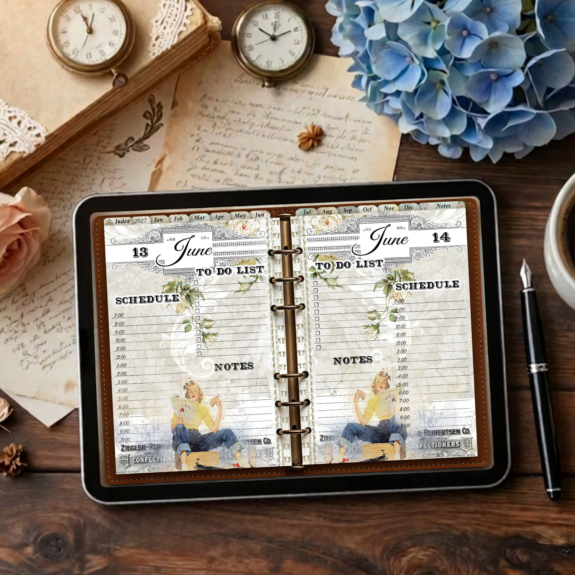 2027 digital daily planner with twelve vintage monthly illustrations from January to December, showing June spread of 2 days side by side.