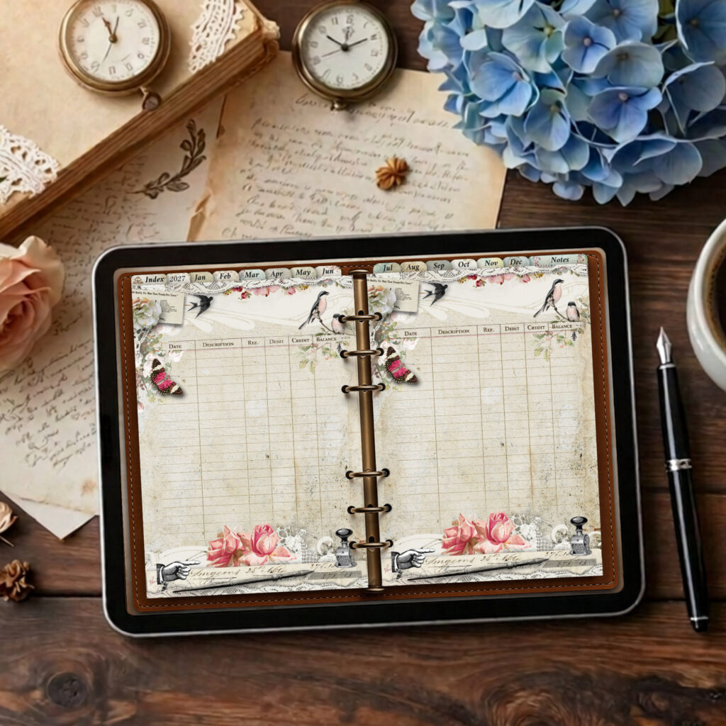 2027 digital daily planner with twelve vintage monthly illustrations from January to December, showing ledger notes pages spread.