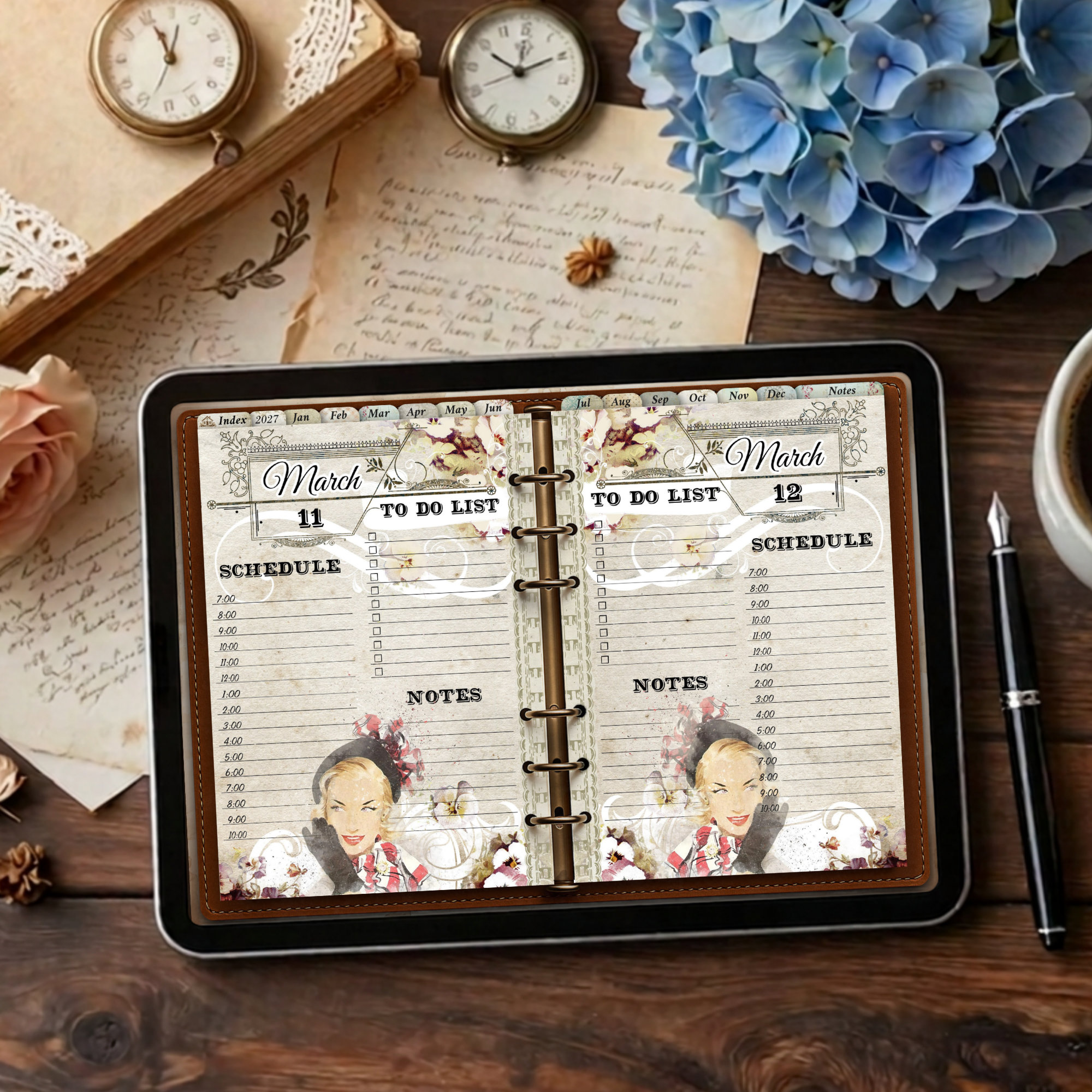 2027 digital daily planner with twelve vintage monthly illustrations from January to December, showing March spread of 2 days side by side.