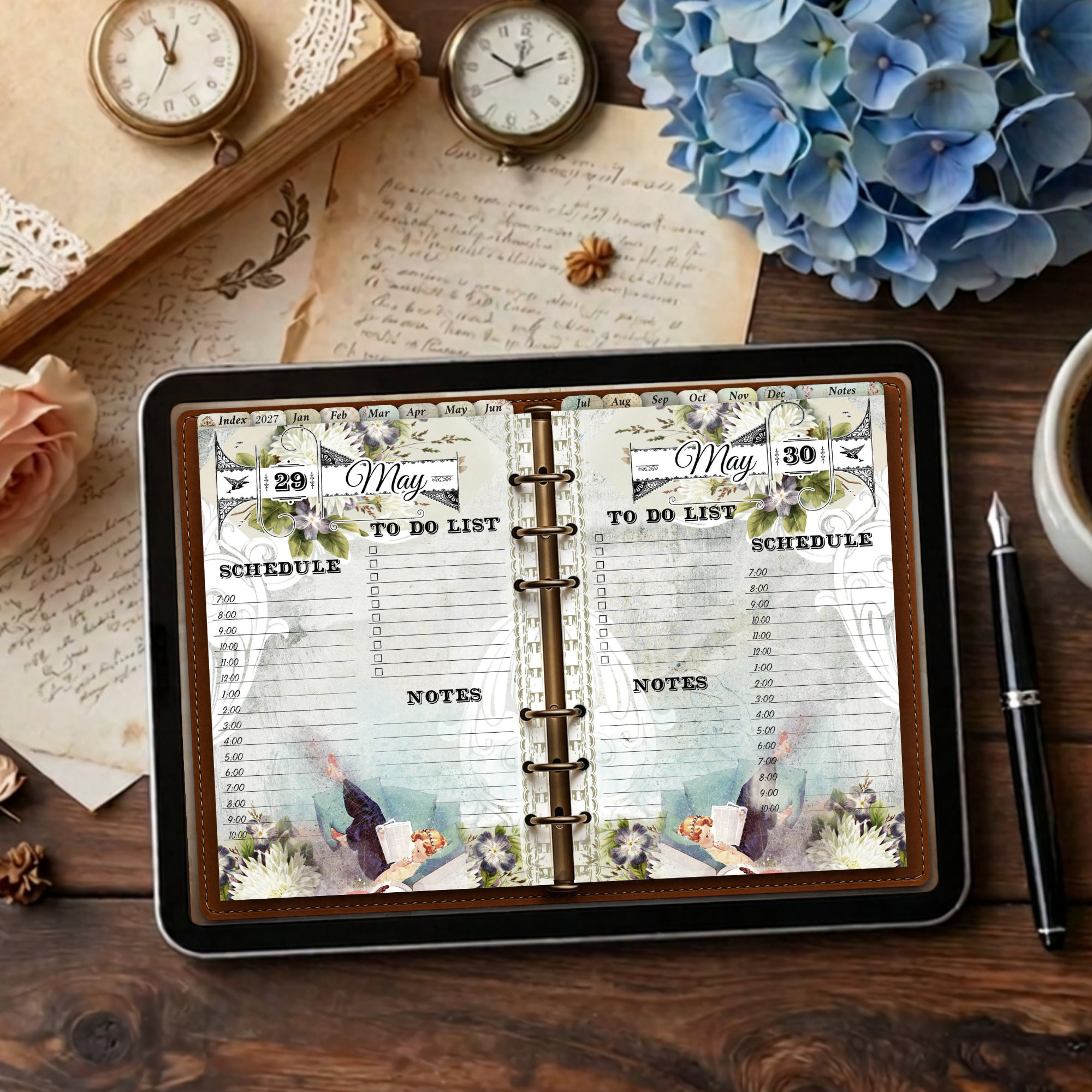 2027 digital daily planner with twelve vintage monthly illustrations from January to December, showing May spread of 2 days side by side.
