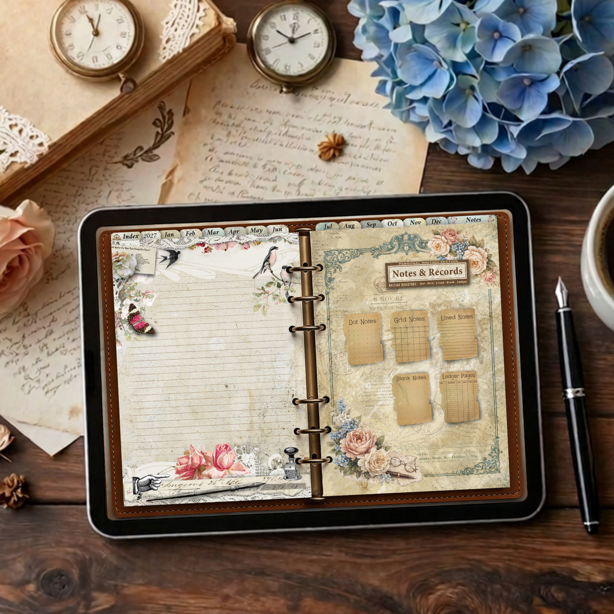 2027 digital daily planner with twelve vintage monthly illustrations from January to December, showing index of notes pages spread.