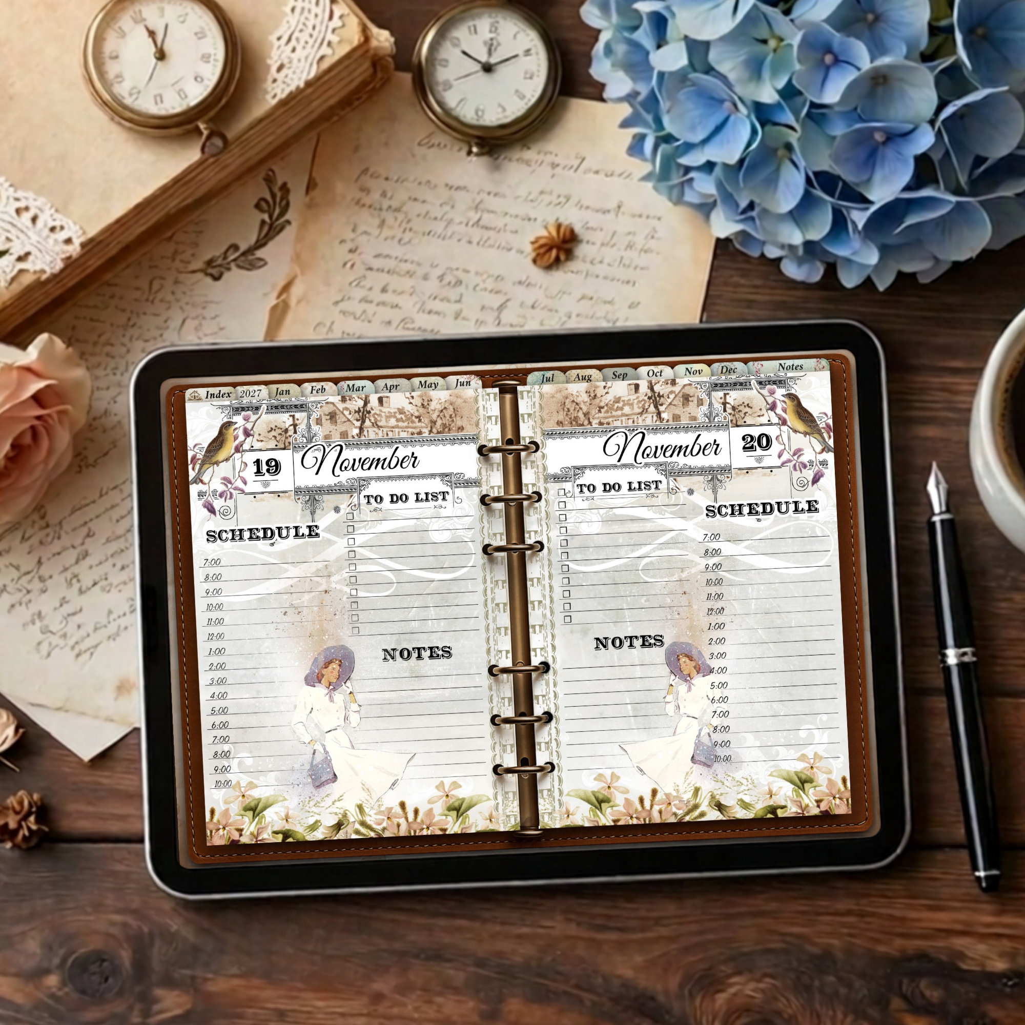 2027 digital daily planner with twelve vintage monthly illustrations from January to December, showing November spread of 2 days side by side.
