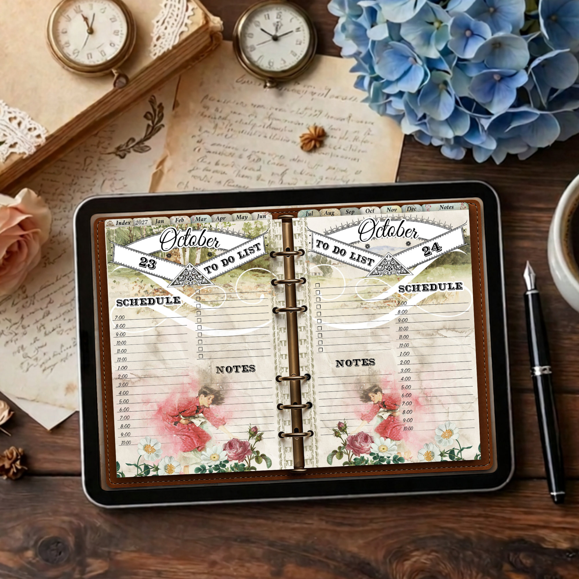 2027 digital daily planner with twelve vintage monthly illustrations from January to December, showing October spread of 2 days side by side.