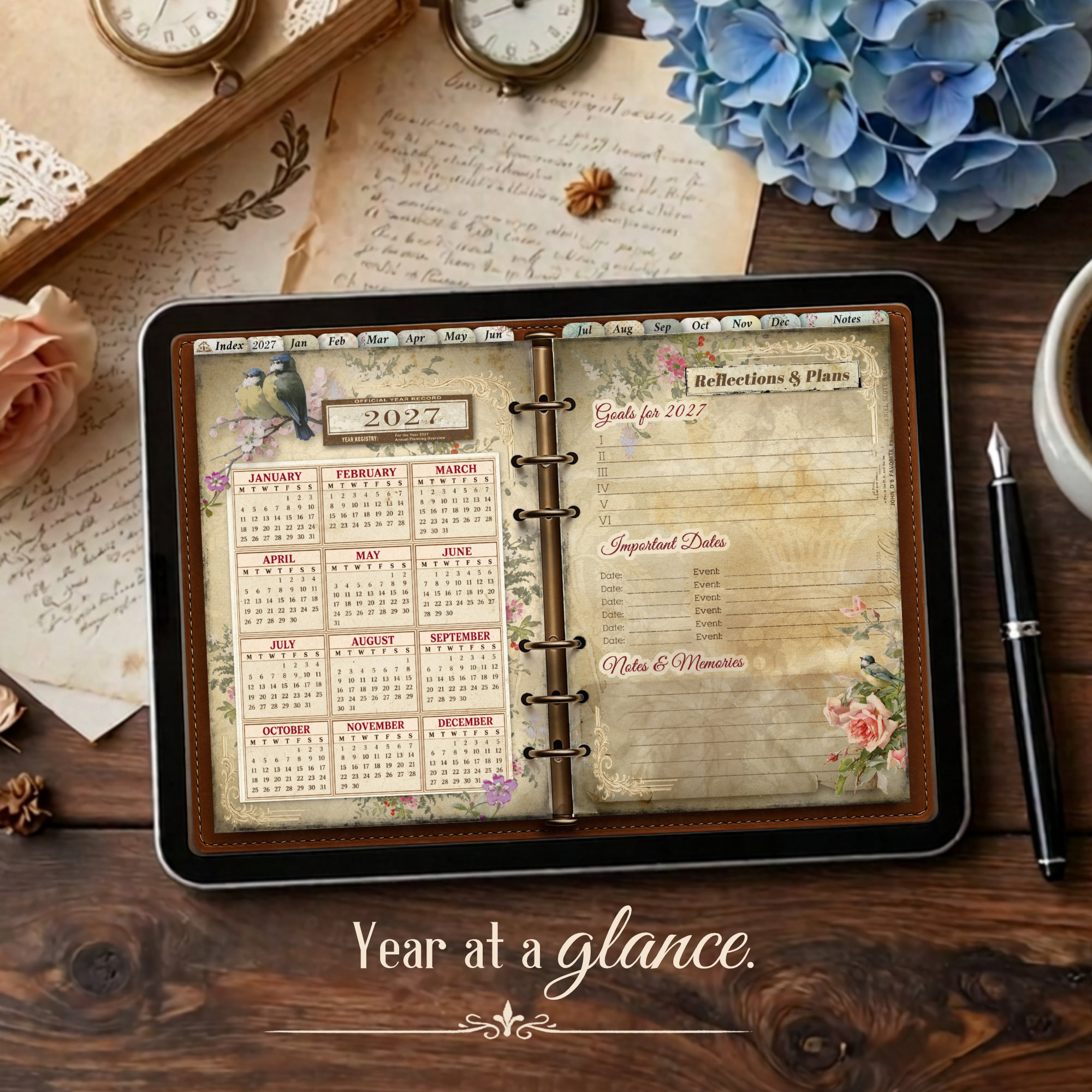 2027 digital daily planner with twelve vintage monthly illustrations from January to December, showing yearly overview of 2027 on the left and reflections page on the right.