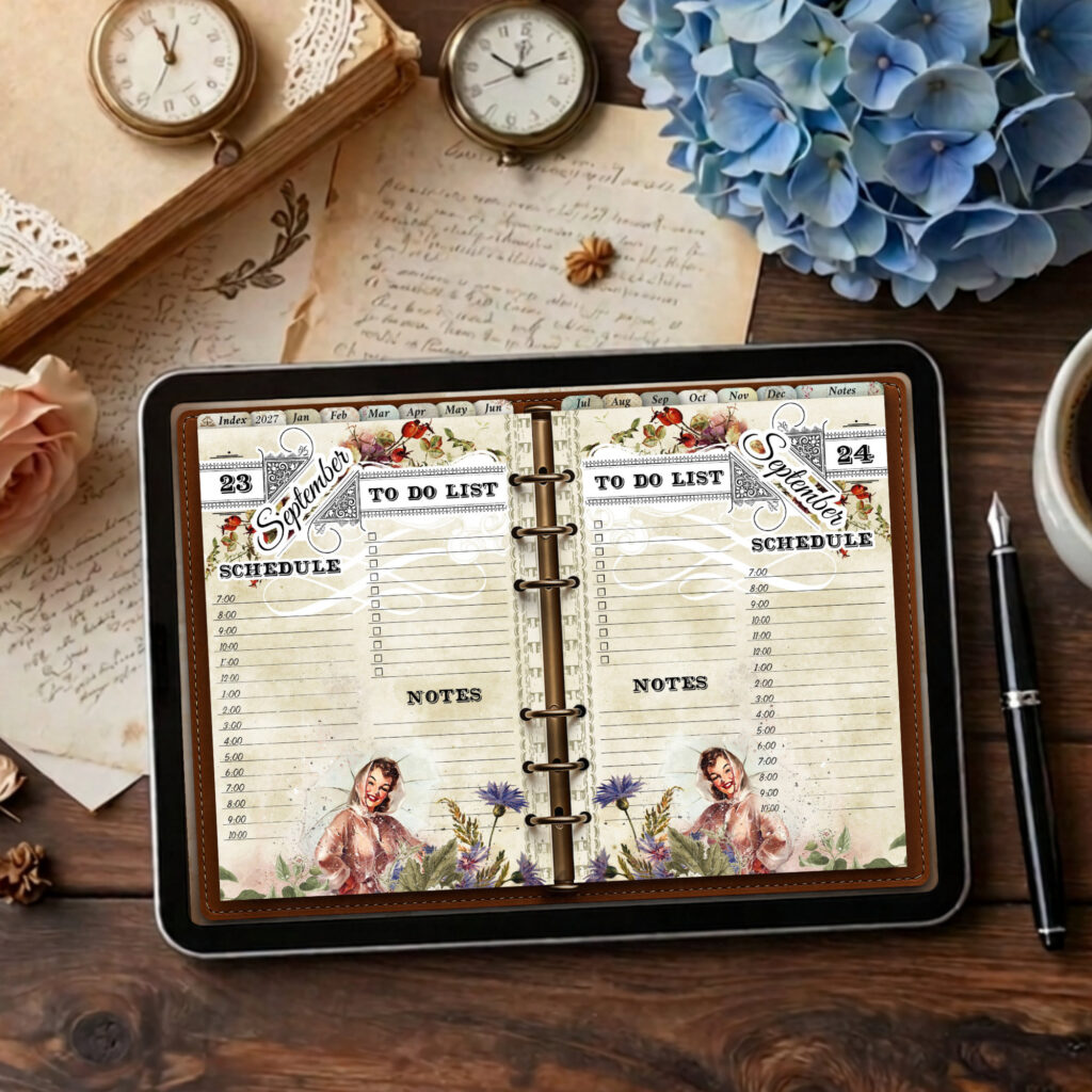 2027 digital daily planner with twelve vintage monthly illustrations from January to December, showing September spread of 2 days side by side.