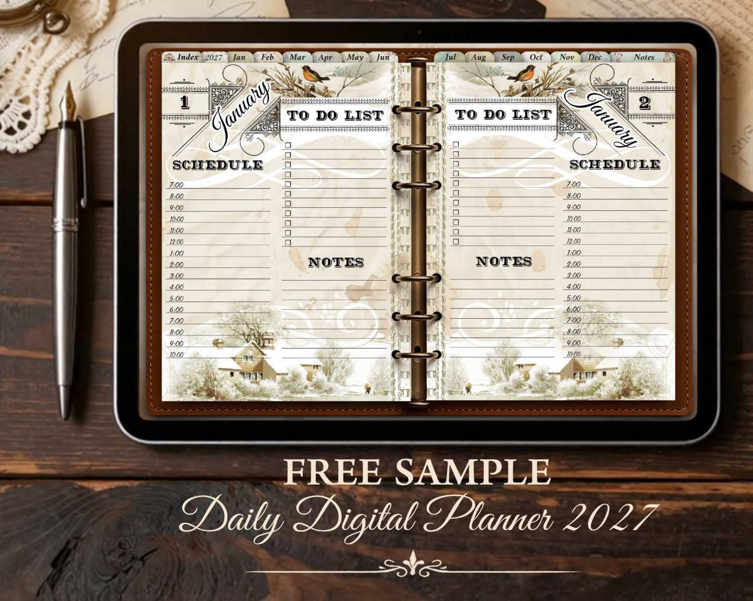 Free digital planner 2027 sample: vintage daily planner pages for iPad